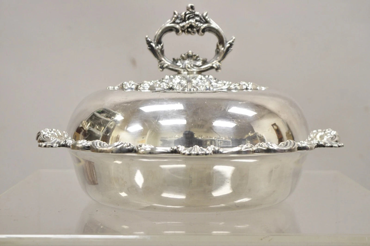 Vintage English Victorian Ornate Round Silver Plated Covered Serving Dish