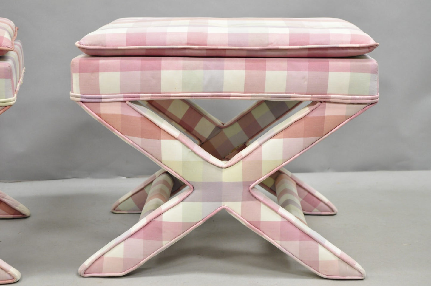 Vintage French Country Pink Plaid Hollywood Regency X-Stool Curule Bench Pair