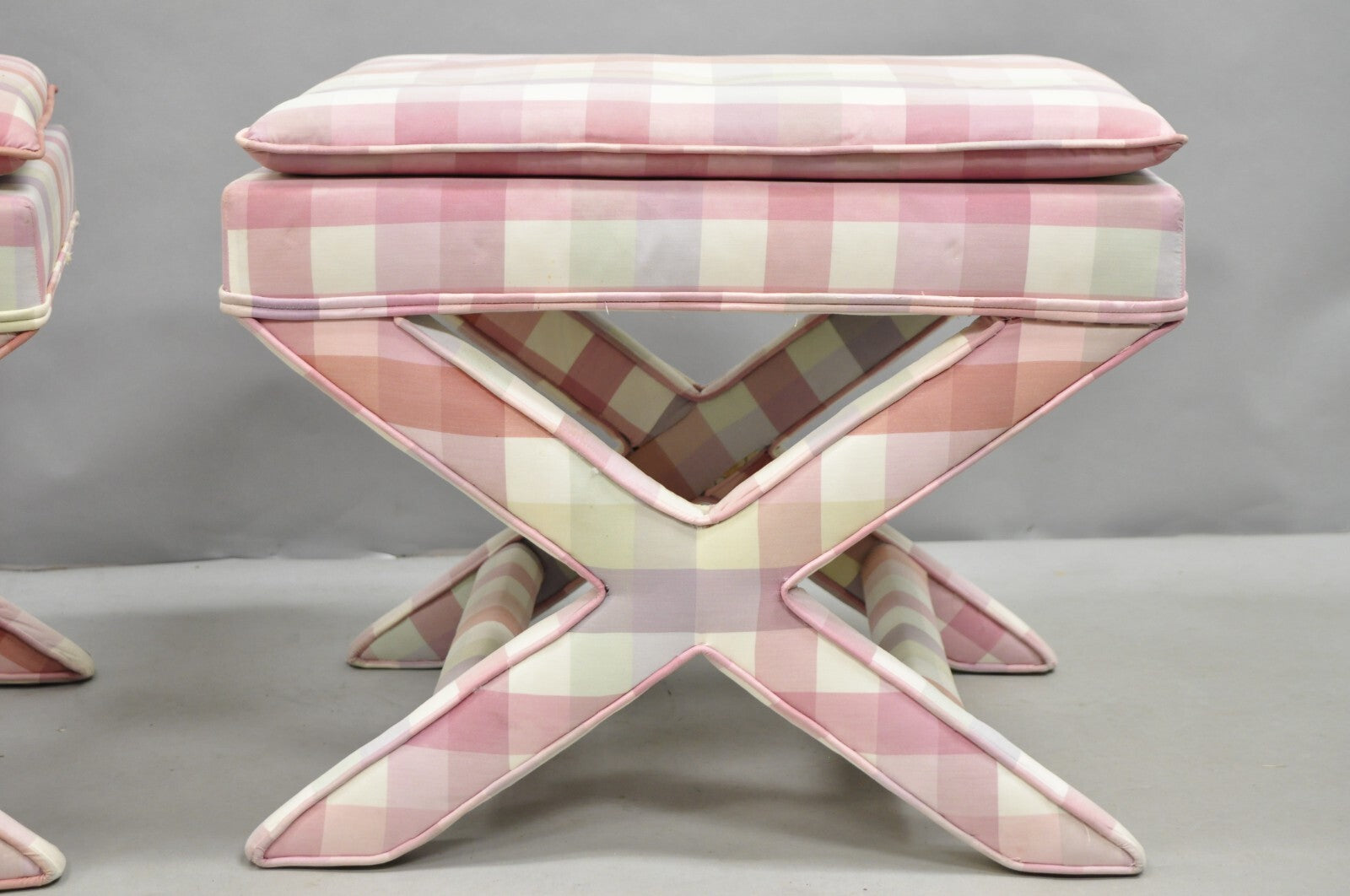 Vintage French Country Pink Plaid Hollywood Regency X-Stool Curule Bench Pair