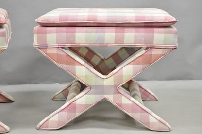 Vintage French Country Pink Plaid Hollywood Regency X-Stool Curule Bench Pair