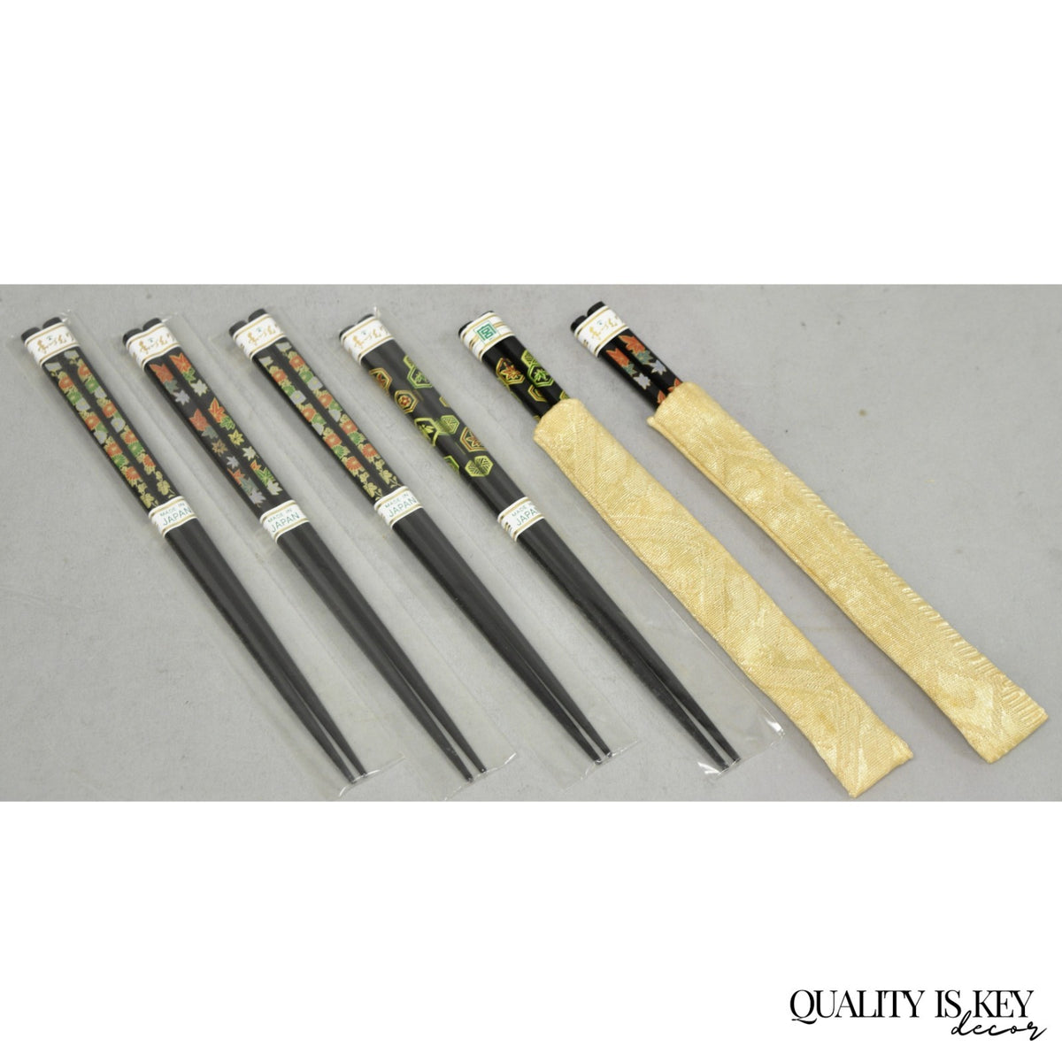 Vintage Japanese Oriental Chopsticks w/ 2 Custom Silk Gold Sleeves - 6 Pc Set
