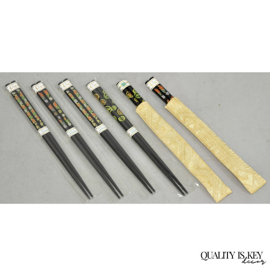 Vintage Japanese Oriental Chopsticks w/ 2 Custom Silk Gold Sleeves - 6 Pc Set
