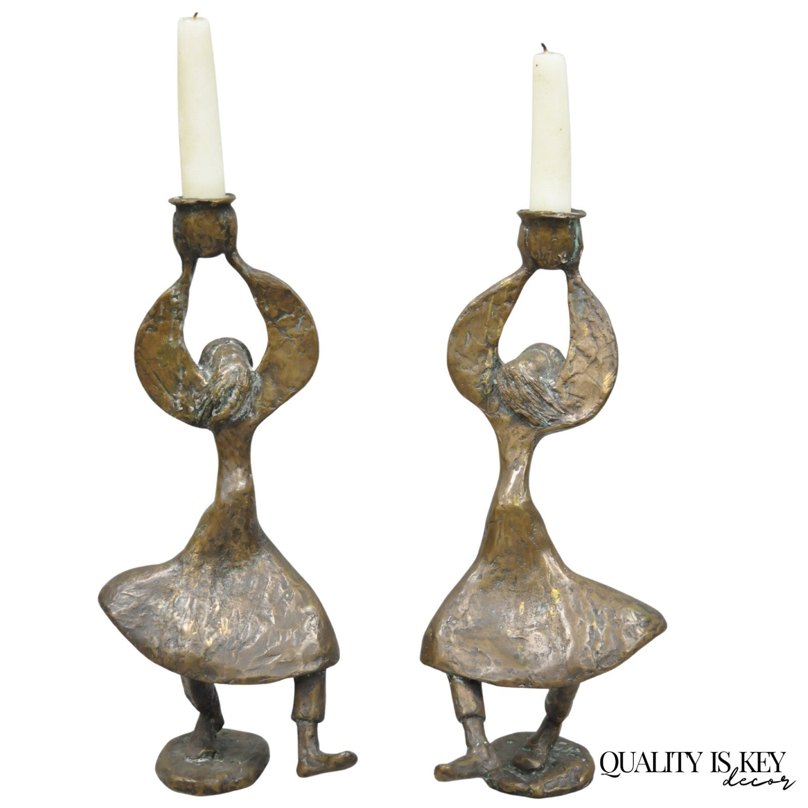 Vintage Brutalist Bronze Figural Dancing Rabbi Judaica Candlesticks - a Pair