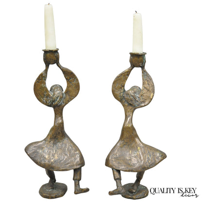 Vintage Brutalist Bronze Figural Dancing Rabbi Judaica Candlesticks - a Pair