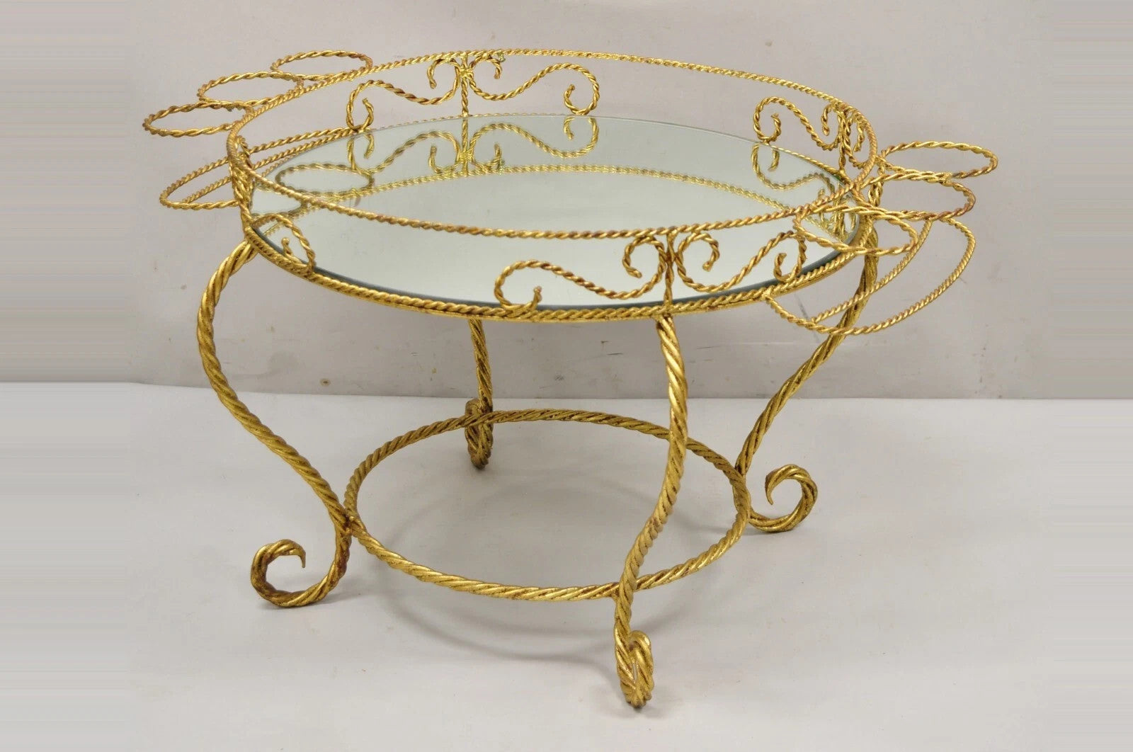 Vintage Italian Hollywood Regency Iron Gold Rope Round Mirror Top Coffee Table