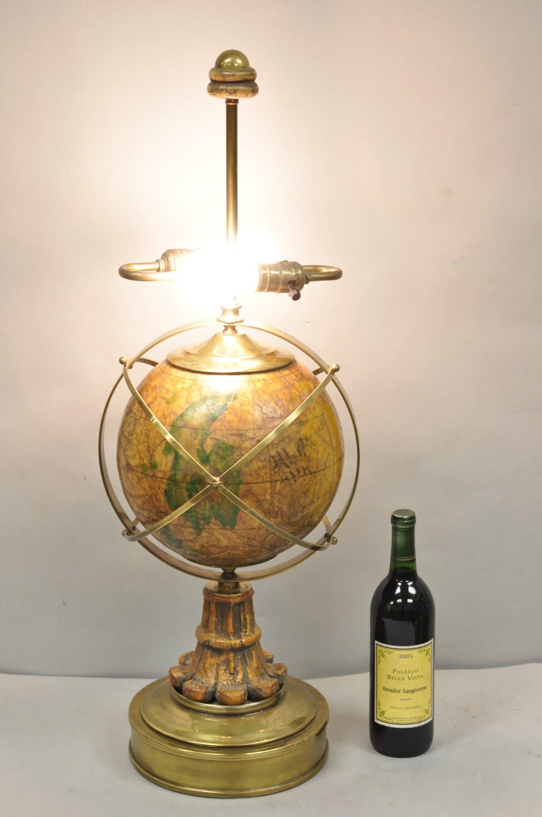 Vintage Italian Regency Style Brass & Wood Old World Globe Table Lamp by Hart