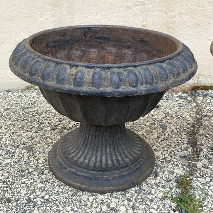 Antique French Empire Style Small 12" Cast Iron Urn Garden Planter Pots - Pair