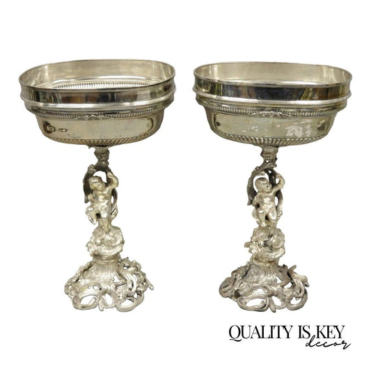 Antique French Rococo Silver Plated Cherub Dome Centerpiece Fruit Bowls - Pair