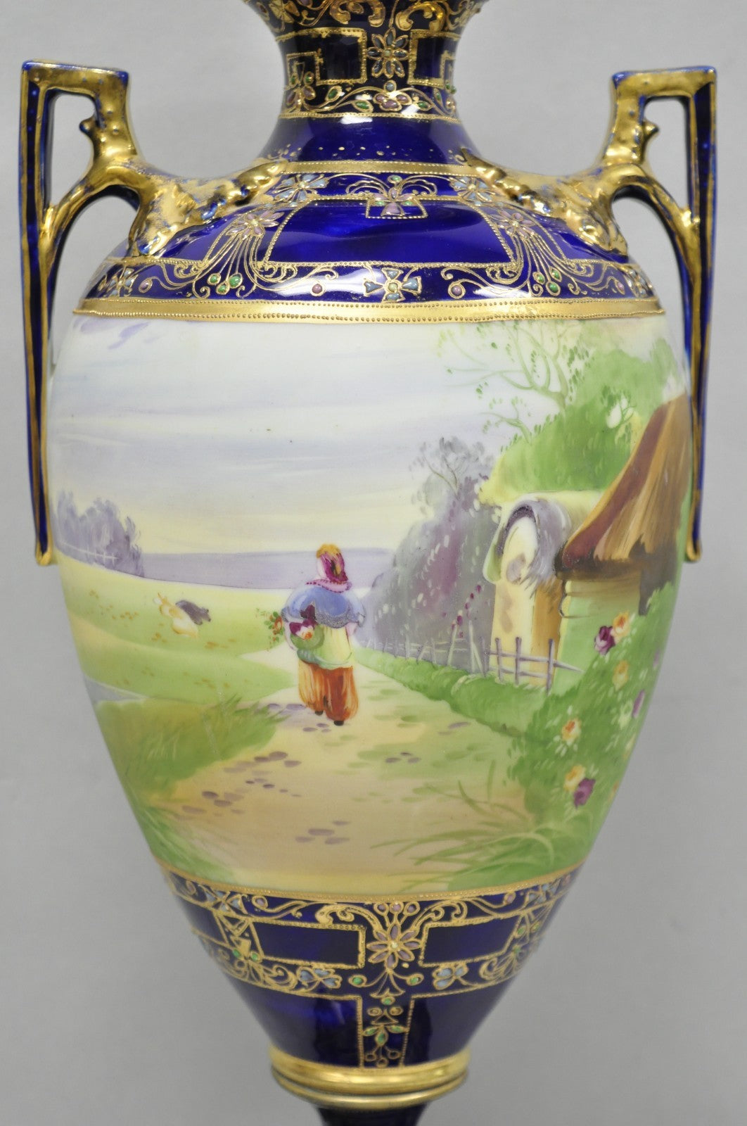Antique Nippon Hand Painted Cobalt Blue Porcelain Twin Handle Bolted Urn Vase