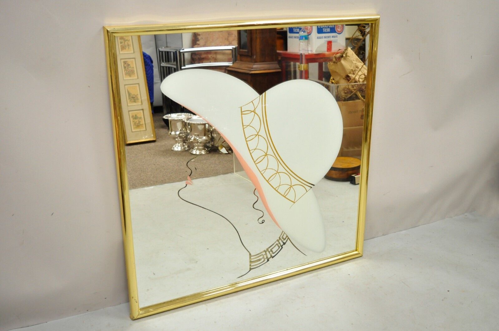 Vintage Art Deco Style 38" Square Wall Mirror with Woman in Hat Art