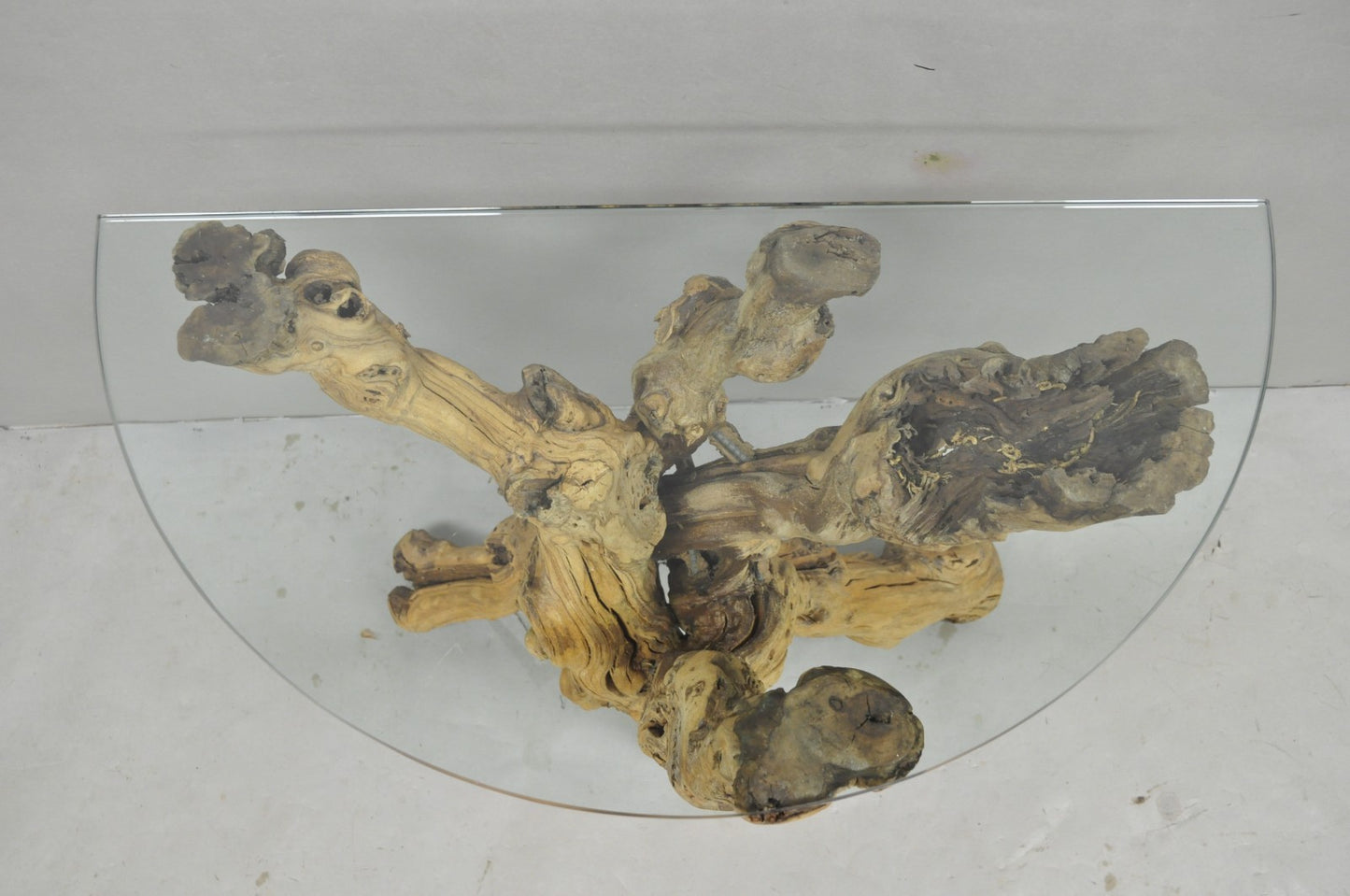 Vintage Mid Century Modern Natural Burl Driftwood Demilune Glass Console Table