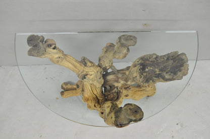 Vintage Mid Century Modern Natural Burl Driftwood Demilune Glass Console Table