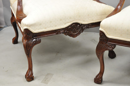 Vintage Thomasville Georgian Style Carved Mahogany Lounge Arm Chairs - a Pair