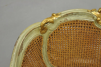 Vintage French Louis XV Style Green Painted Gold Gilt Cane Bergere Arm Chair