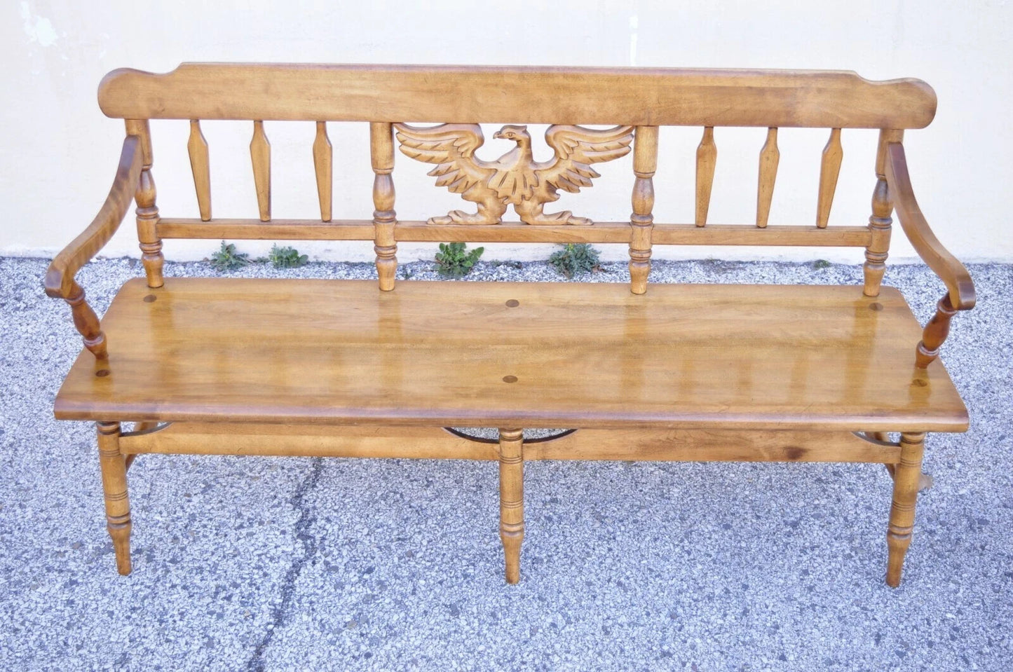 Vintage Cushman Federal Style Maple Wood Carved Eagle Back Settee Deacons Bench