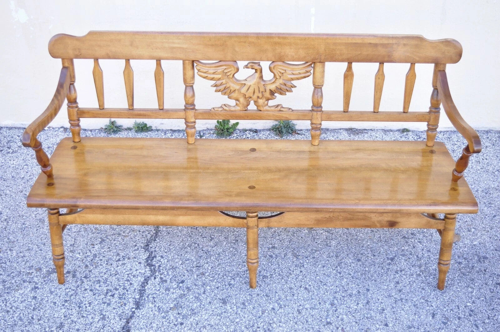 Vintage Cushman Federal Style Maple Wood Carved Eagle Back Settee Deacons Bench