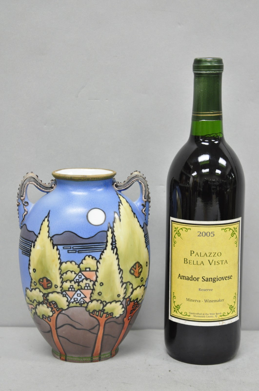Antique Hand Painted Blue Nippon Porcelain Halloween Pattern Twin Handle Vase