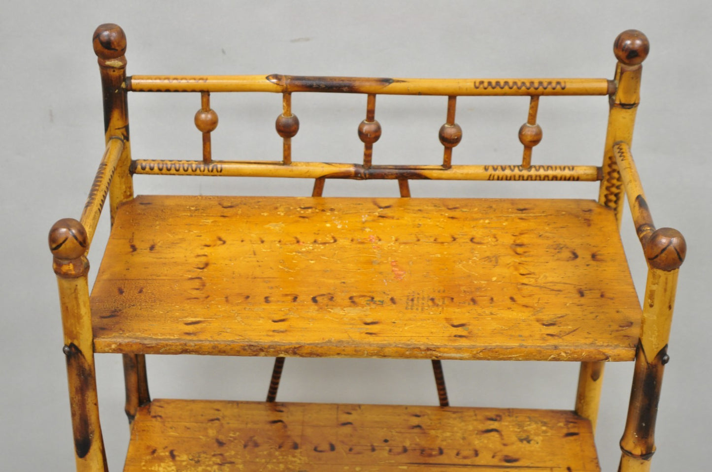 Antique English Victorian Burnt Bamboo Stick & Ball Small Bookcase Curio Shelf