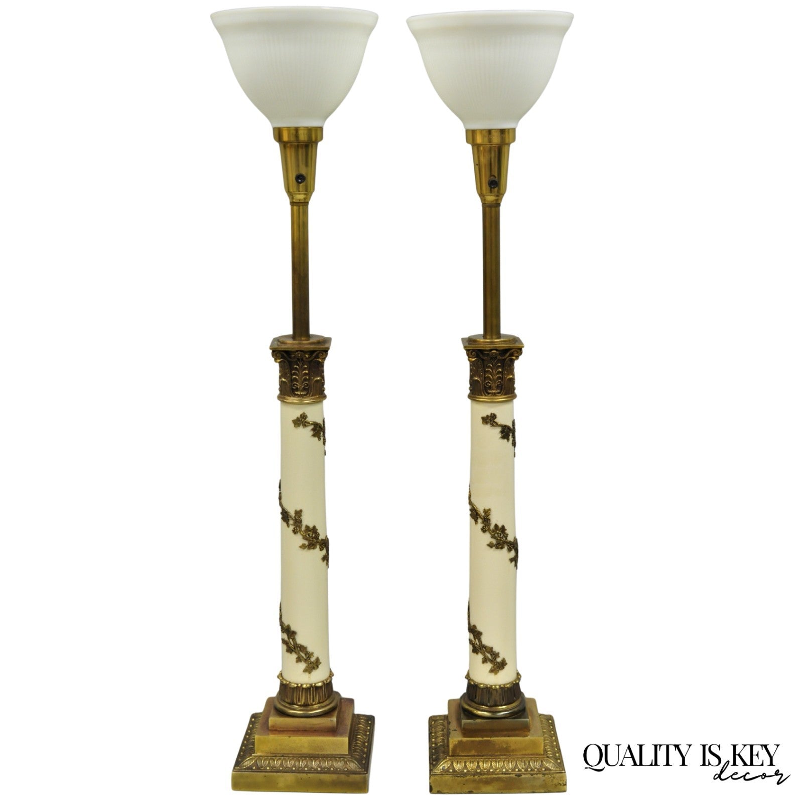 Vintage Stiffel Neoclassical Tall White Enamel Column Brass Table Lamps - a Pair