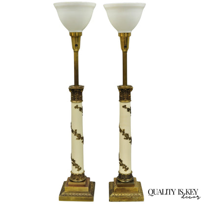 Vintage Stiffel Neoclassical Tall White Enamel Column Brass Table Lamps - a Pair