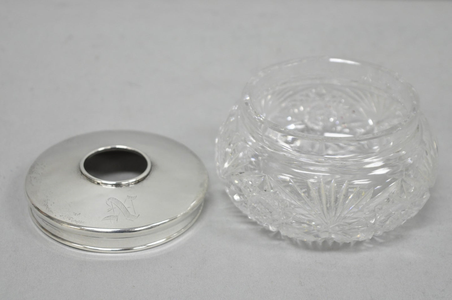 Antique Victorian Sterling Silver Crystal Glass Vanity Hair Receiver "N" Mono