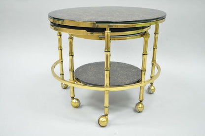 Hollywood Regency Brass & Glass Faux Bamboo Round Nesting Side Coffee Table