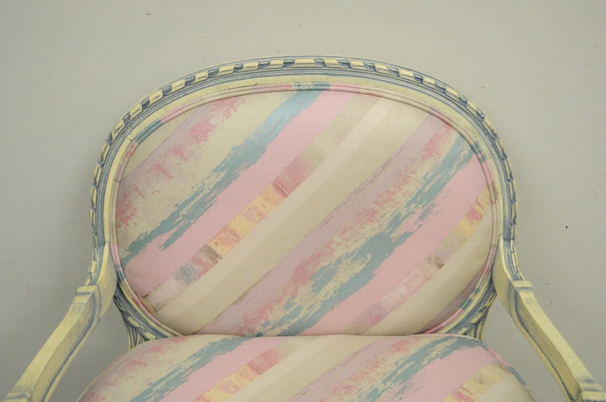 Vintage French Louis XVI Pink Blue Carved Bergere Boudoir Lounge Arm Chair