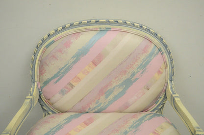 Vintage French Louis XVI Pink Blue Carved Bergere Boudoir Lounge Arm Chair