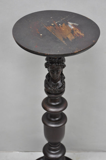 Antique French Renaissance Maiden Bust Column Mahogany Pedestal Plant Stand