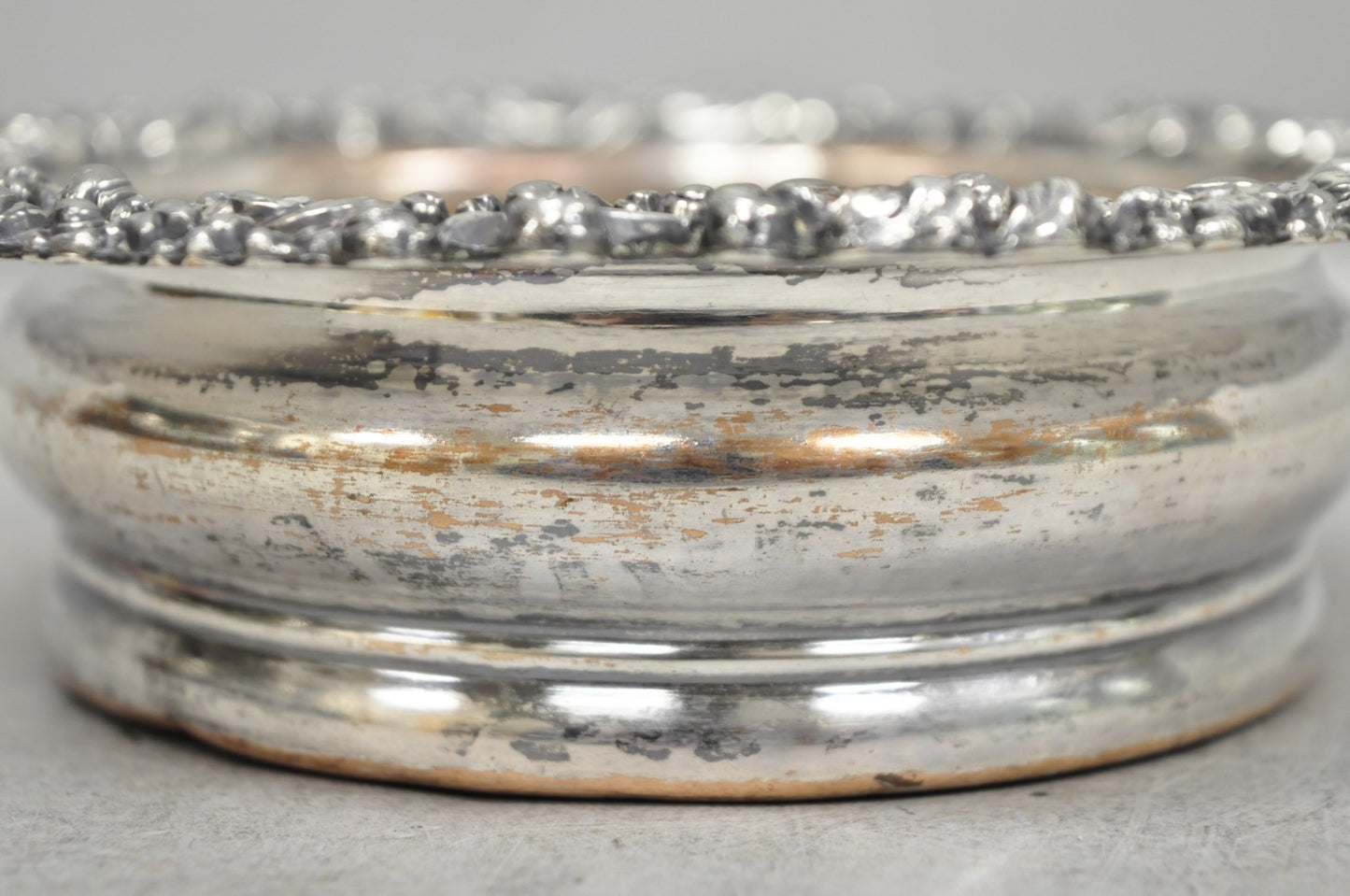 Antique English Victorian Silver Plated Floral Mahogany Bar Wine Bottle Coaster