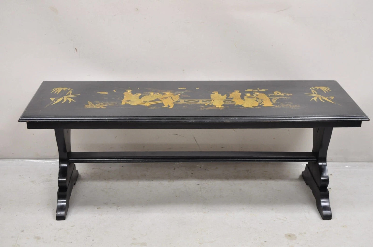 Vintage Chinoiserie Oriental Black Lacquer Gold Gilt Trestle Bench Coffee Table