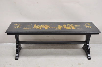 Vintage Chinoiserie Oriental Black Lacquer Gold Gilt Trestle Bench Coffee Table