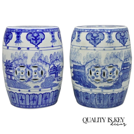 Vintage Chinese Oriental Blue & White Porcelain Garden Drum Seat Table - a Pair