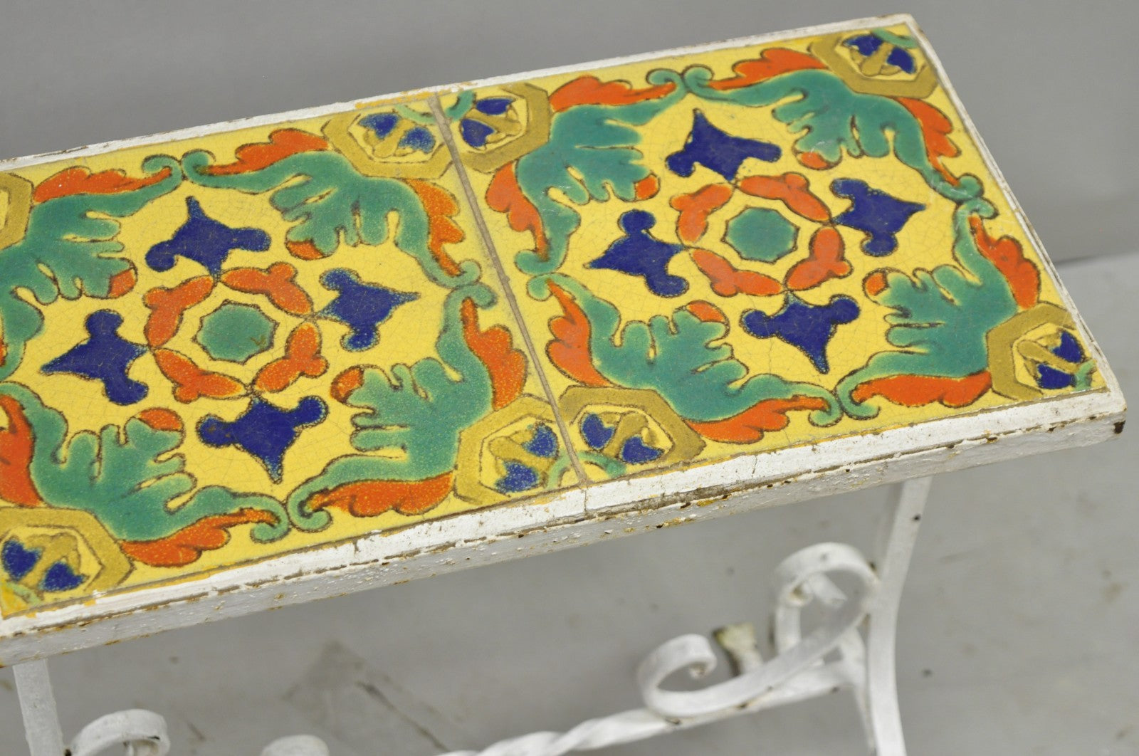 Antique Arts & Crafts Wrought Iron Side Table w/ Catalina California Tile Top