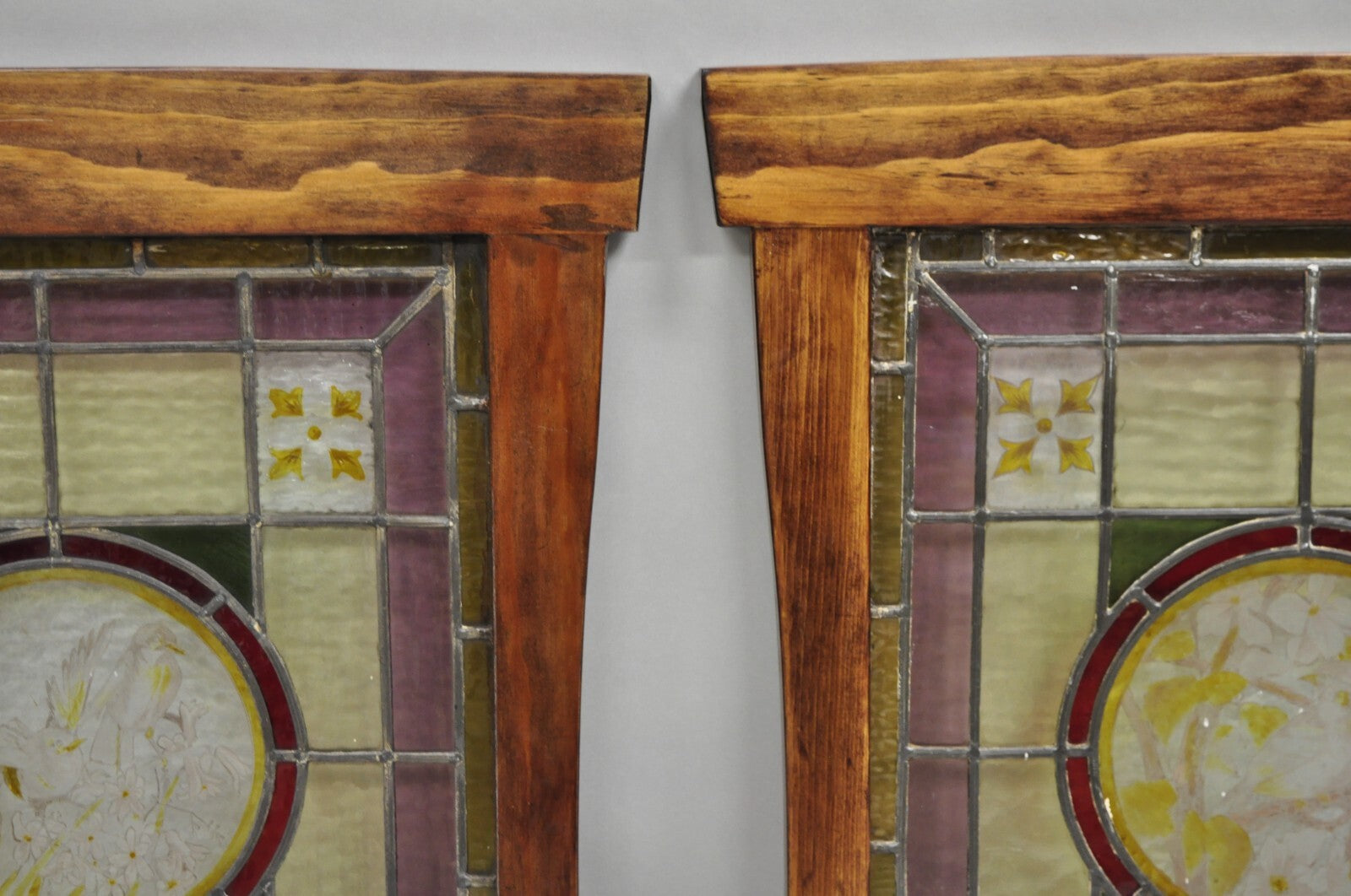 Antique French Art Nouveau Stained Leaded Glass Windows with Birds - a Pair