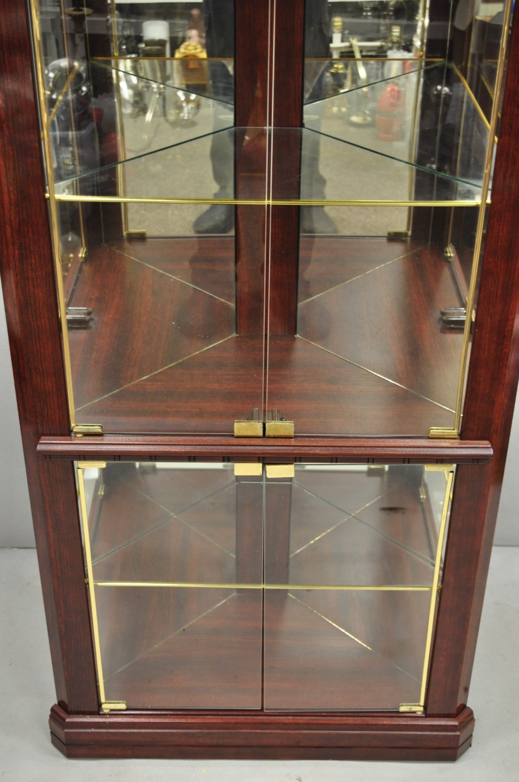 Contemporary Faux Cherry Wood Mirror Glass Corner Curio Display Case Cabinet