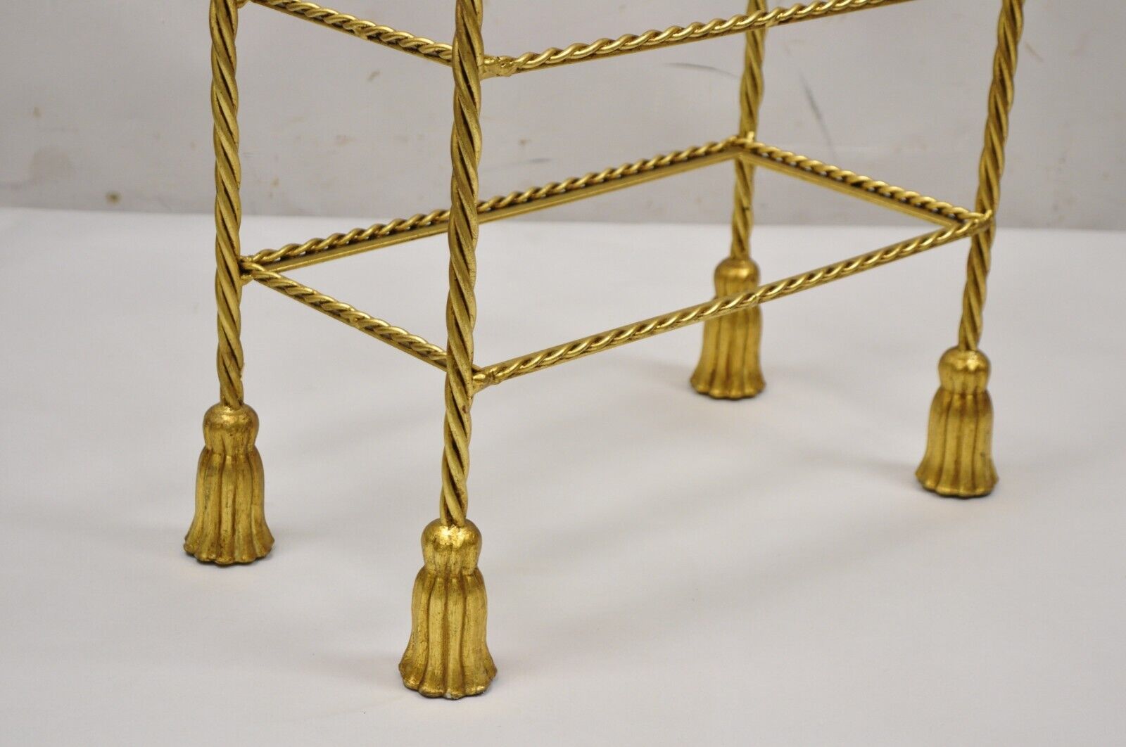 Italian Hollywood Regency Gold Gilt Iron 3 Tier Shelf Small Display Stand (A)