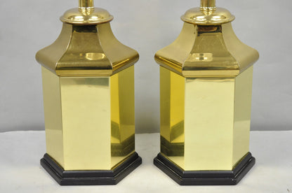Vintage Chinoiserie Brass Hexagonal Oriental Ginger Jar Table Lamps - a Pair