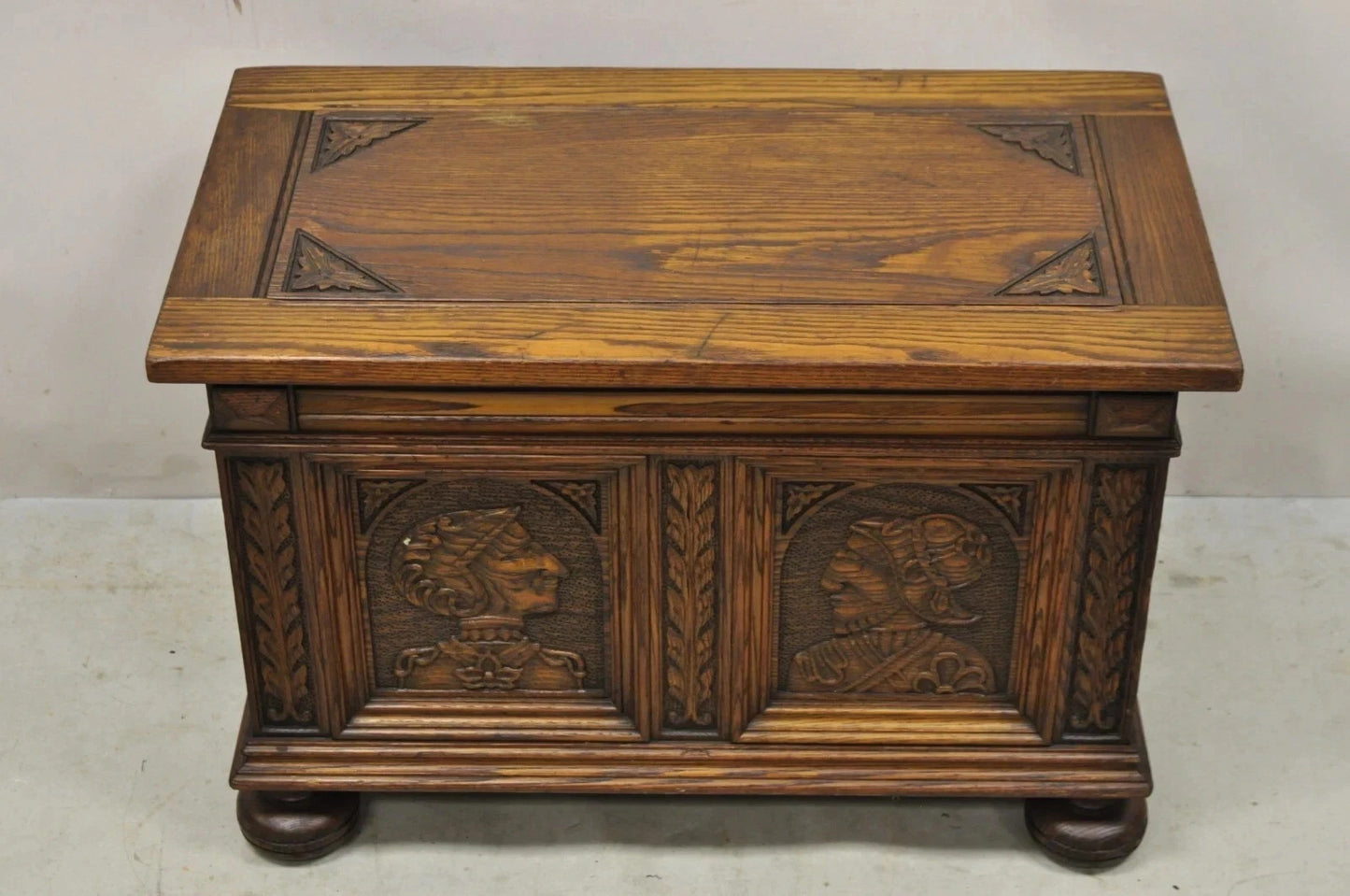 Antique Jacobean Oak Wood Figural Bust Carved Blanket Chest Trunk on Bun Feet