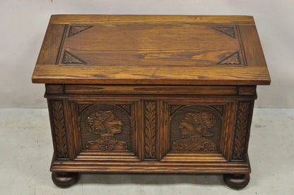 Antique Jacobean Oak Wood Figural Bust Carved Blanket Chest Trunk on Bun Feet