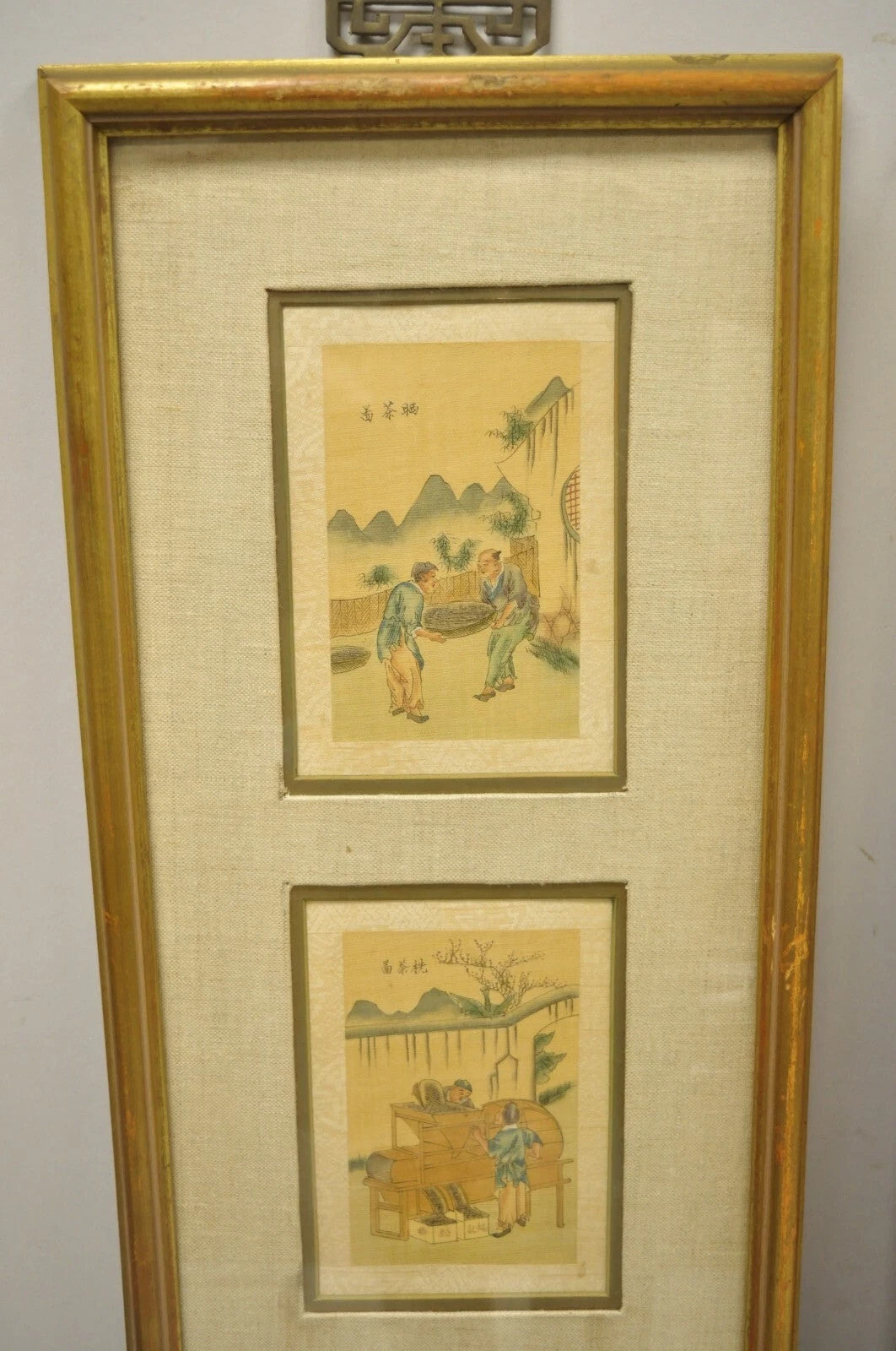 Vintage Asian Oriental Framed Art Prints with Narrow Gold Frames - a Pair