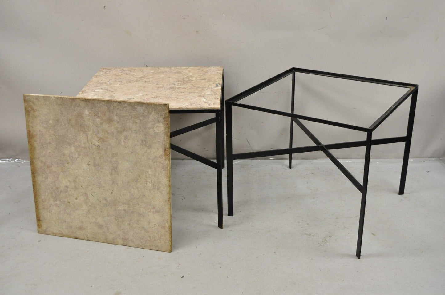 Vintage Paul McCobb Style Wrought Iron and Marble Square Side Tables - a Pair