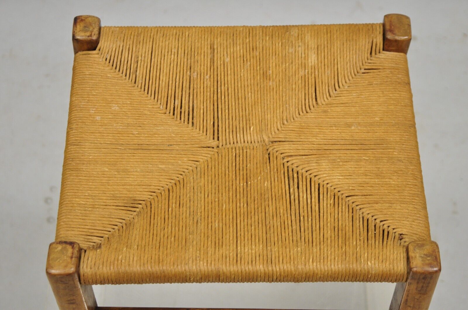 Antique French Country Provincial Walnut Woven Rush Cord Seat Footstool Ottoman