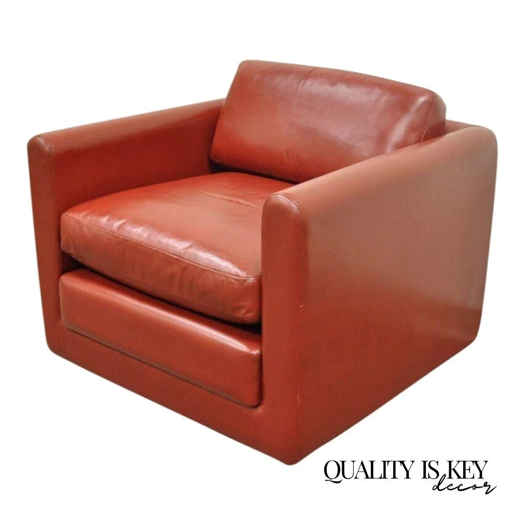 Vintage Mid Century Modern Red Leather Cube Club Lounge Chair on Rolling Casters