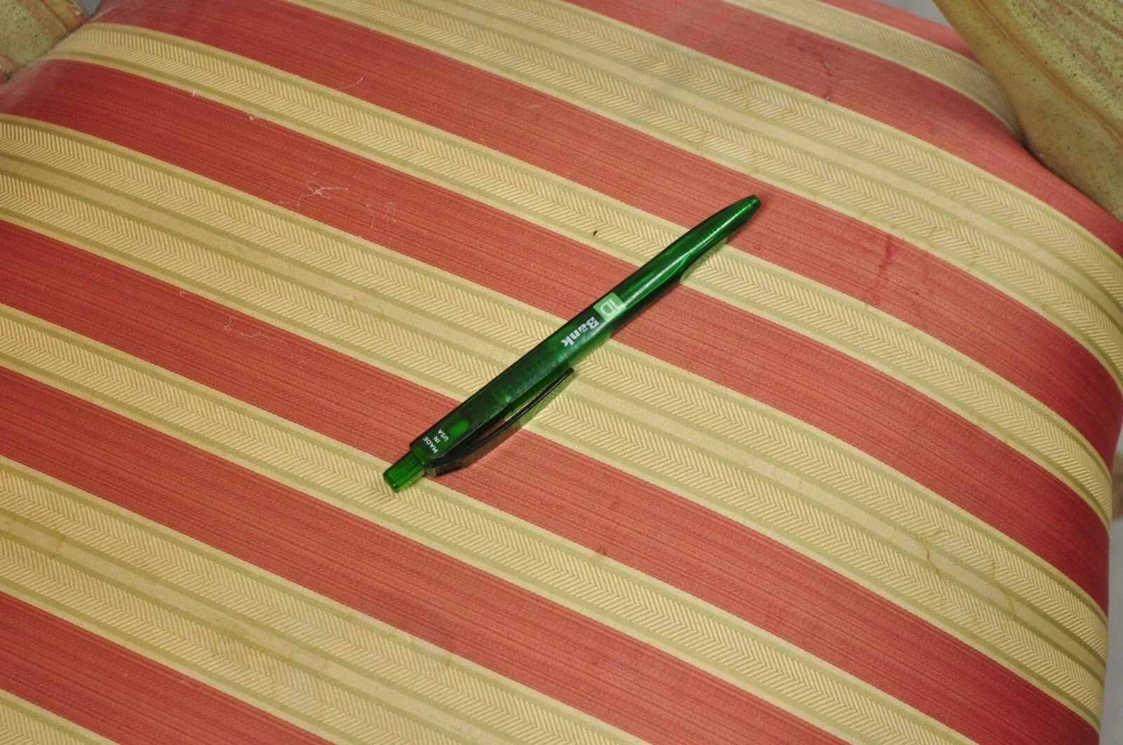 Vintage French Louis XV Style Green & Pink Painted Arm Chair w/ Striped Fabric