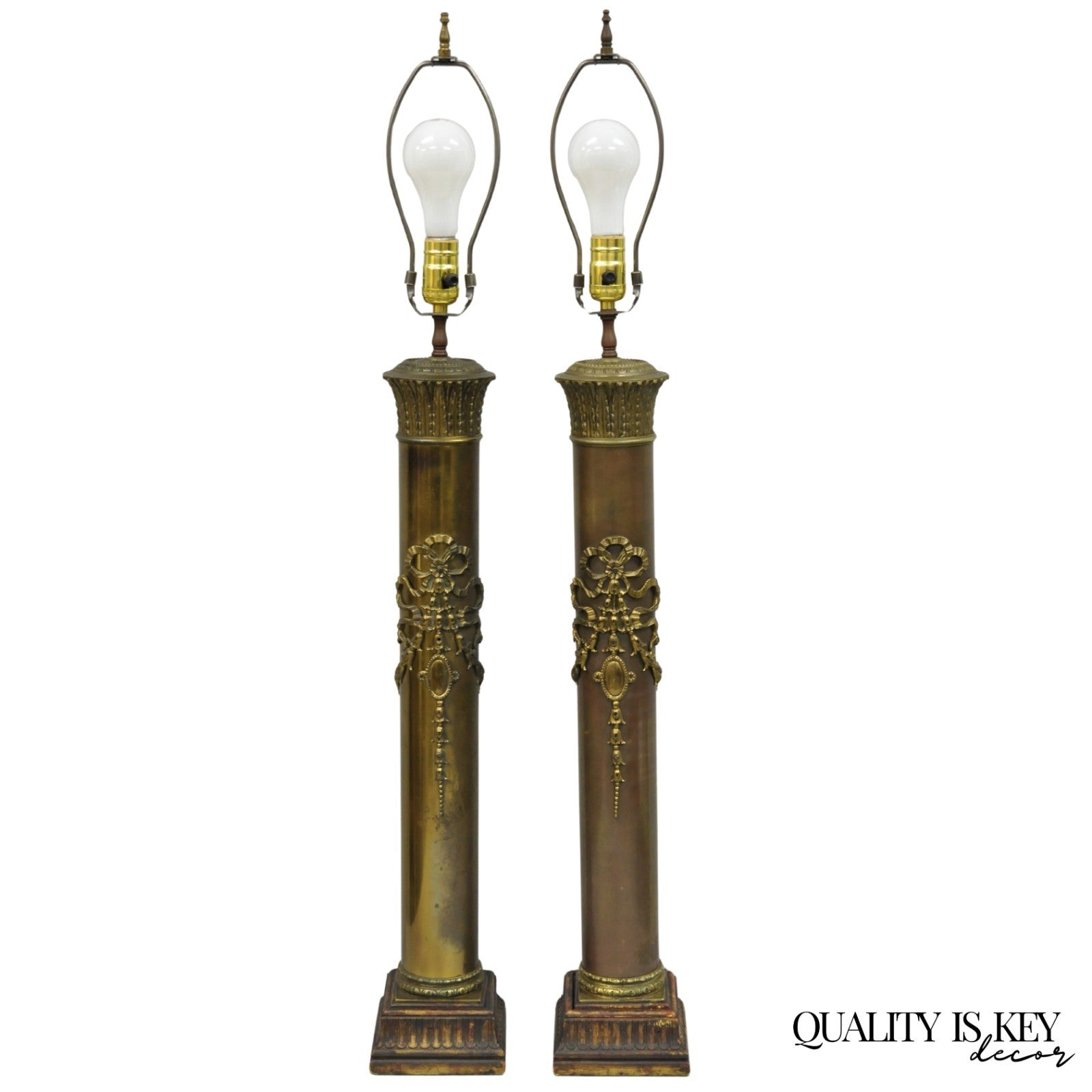Antique French Empire Neoclassical Bronze Cylinder Tall Table Lamps - a Pair