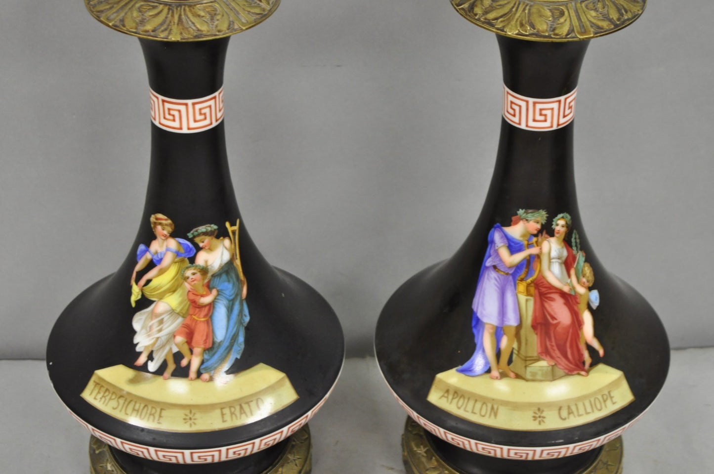 Antique French Neoclassical Bronze & Black Porcelain Painted Table Lamps - Pair