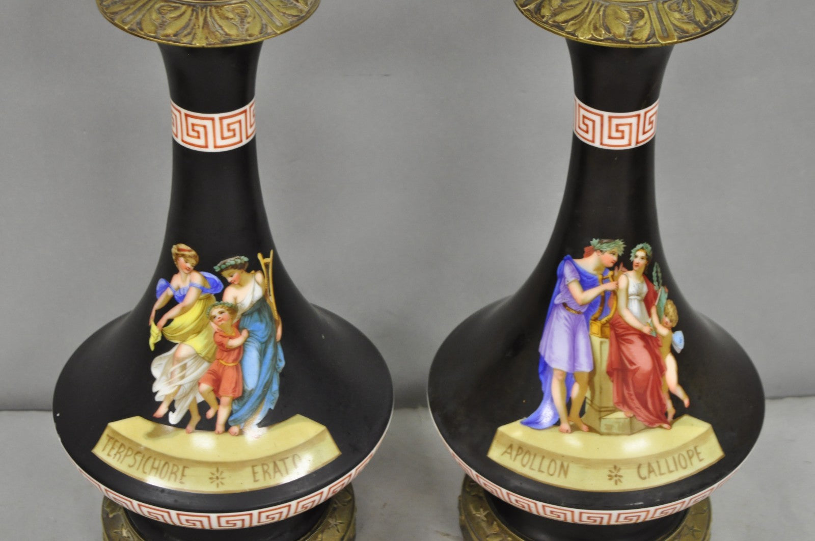Antique French Neoclassical Bronze & Black Porcelain Painted Table Lamps - Pair