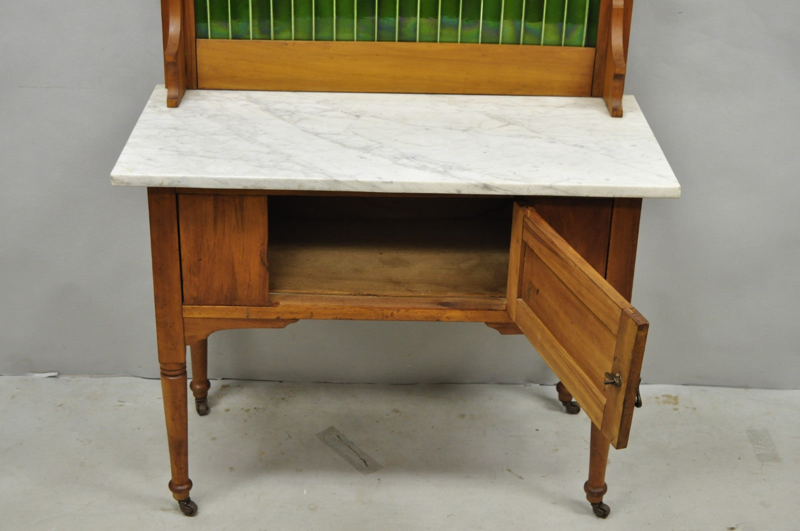 Antique English Arts & Crafts Birch Wood Green Tile Backsplash Washstand Server