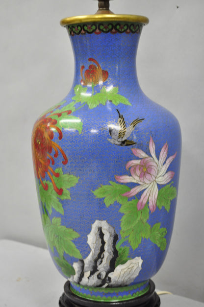 Vintage Chinoiserie Blue Cloisonné Enamel Oriental Brass Satsuma Vase Table Lamp